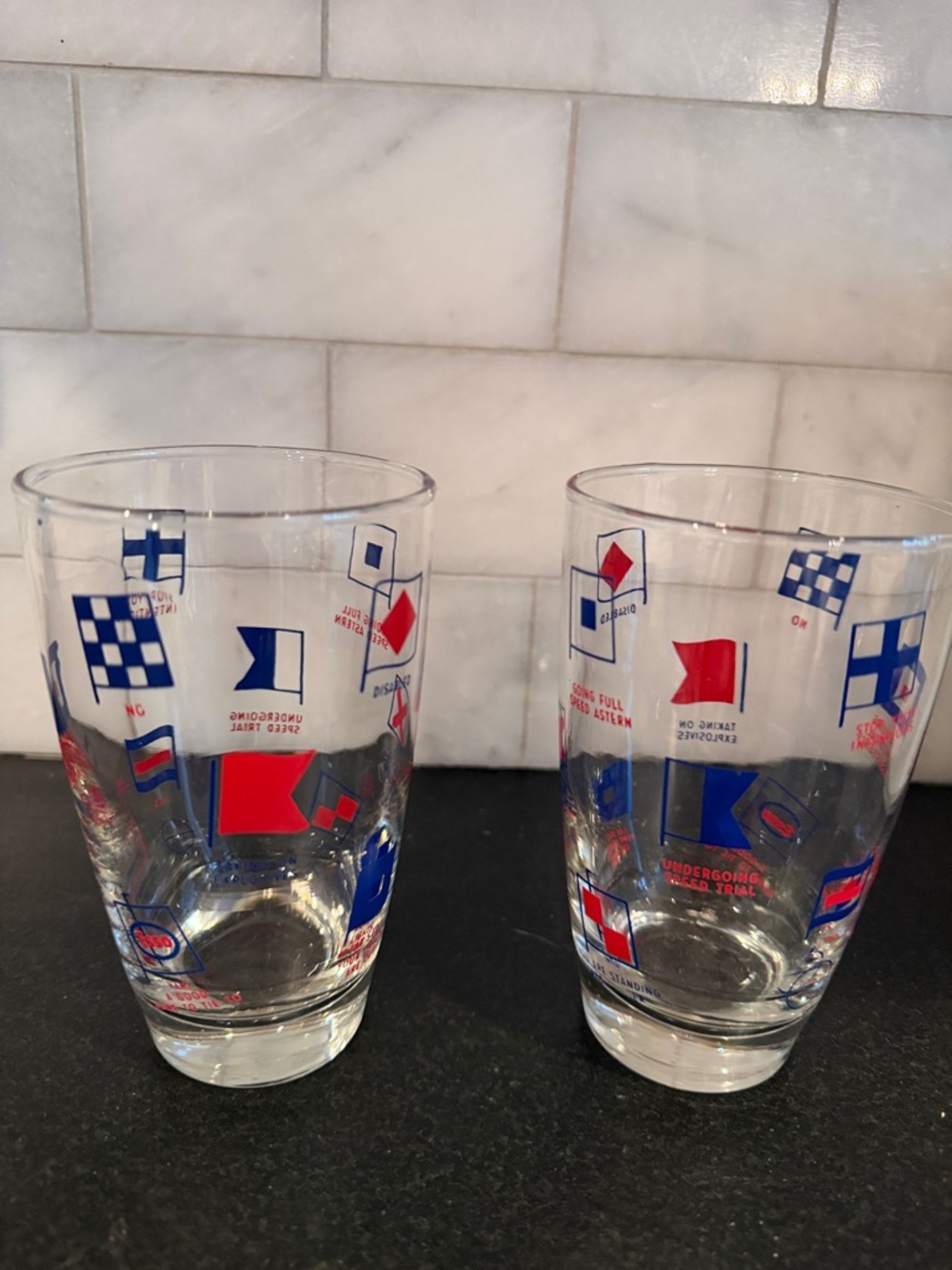 VINTAGE ENCO ESSO NAUTICAL GLASS TUMBLER -MARINE SIGNAL FLAG LIBBEY SET OF 2